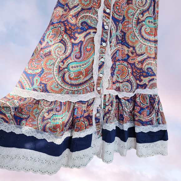 Vtg Handmade Ruffle Paisley Colorful Frill Whimsi Pocket Lace Button Up Skirt - Picture 4 of 8